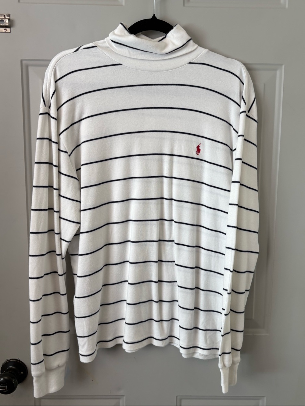 Polo by Ralph Lauren White Long-Sleeve Turtleneck with Navy Stripes and Red Pony